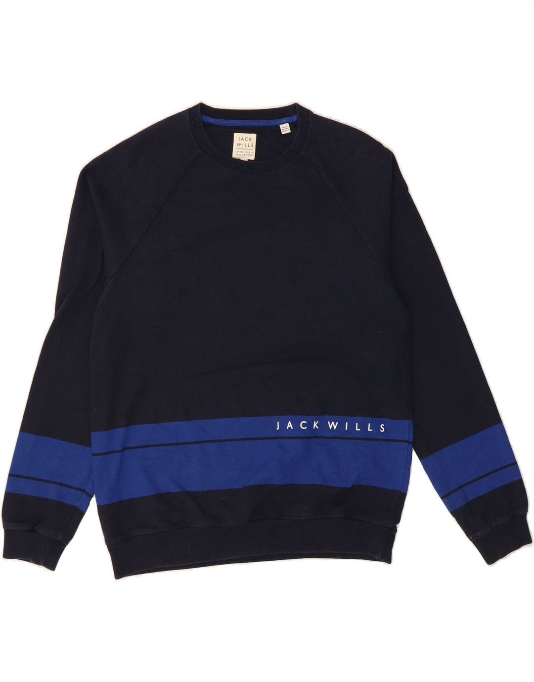 JACK & JONES Mens Graphic Sweatshirt Jumper Medium Navy Blue Colourblock Vintage Jack & Jones and Second-Hand Jack & Jones from Messina Hembry 
