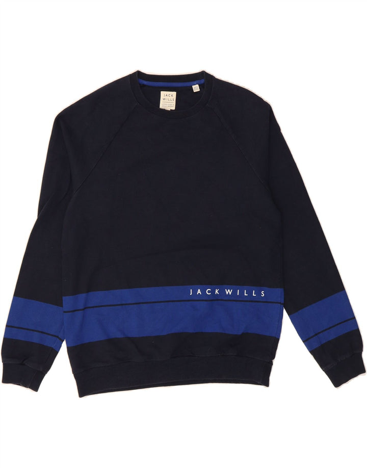 JACK & JONES Mens Graphic Sweatshirt Jumper Medium Navy Blue Colourblock Vintage Jack & Jones and Second-Hand Jack & Jones from Messina Hembry 