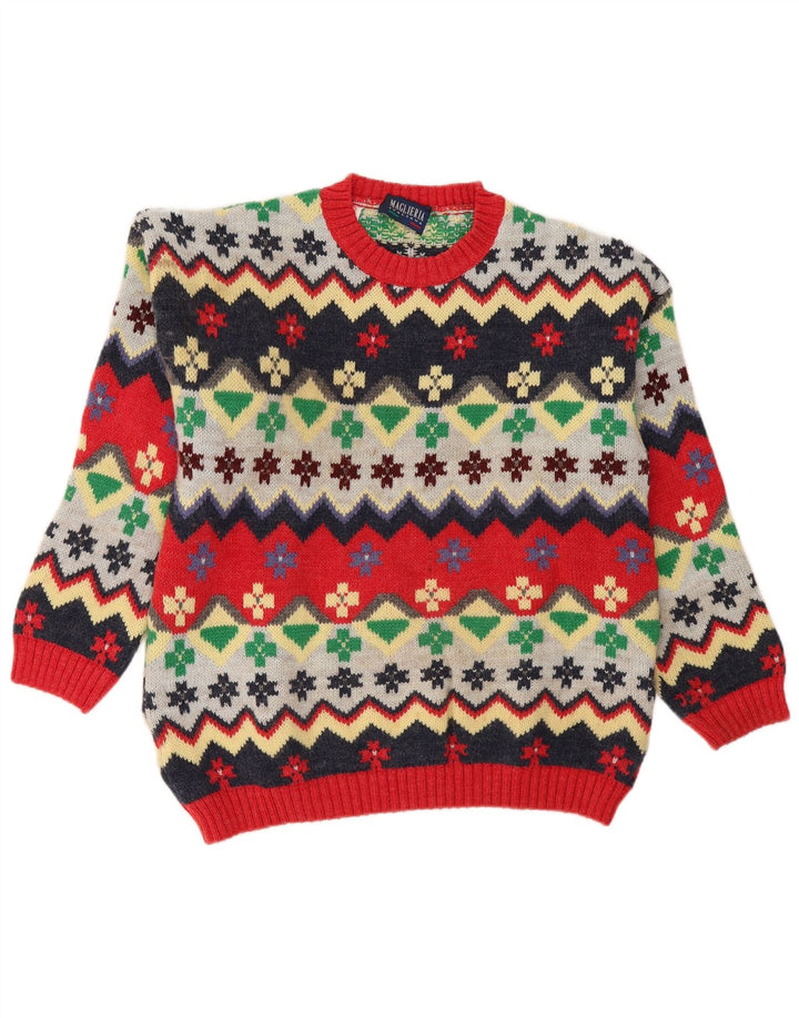 Vintage hombres cuello redondo jersey suéter medio multicolor Fair Isle