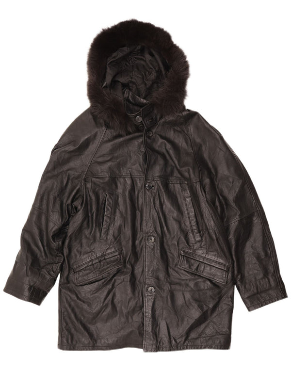 Vintage mujeres suelta ajuste abrigo de cuero con capucha Reino Unido 18 XL cuero negro