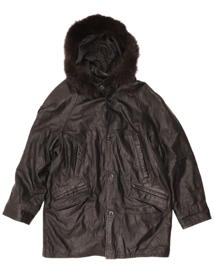 Vintage mujeres suelta ajuste abrigo de cuero con capucha Reino Unido 18 XL cuero negro