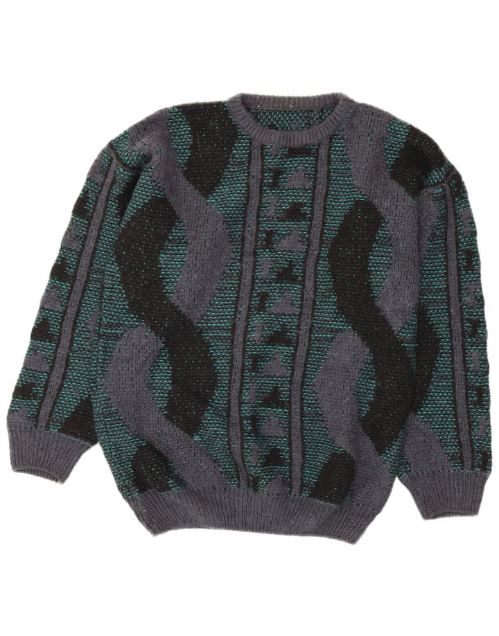 VINTAGE Hombres Crew Neck Jumper Suéter Medio Multicolor Geométrico