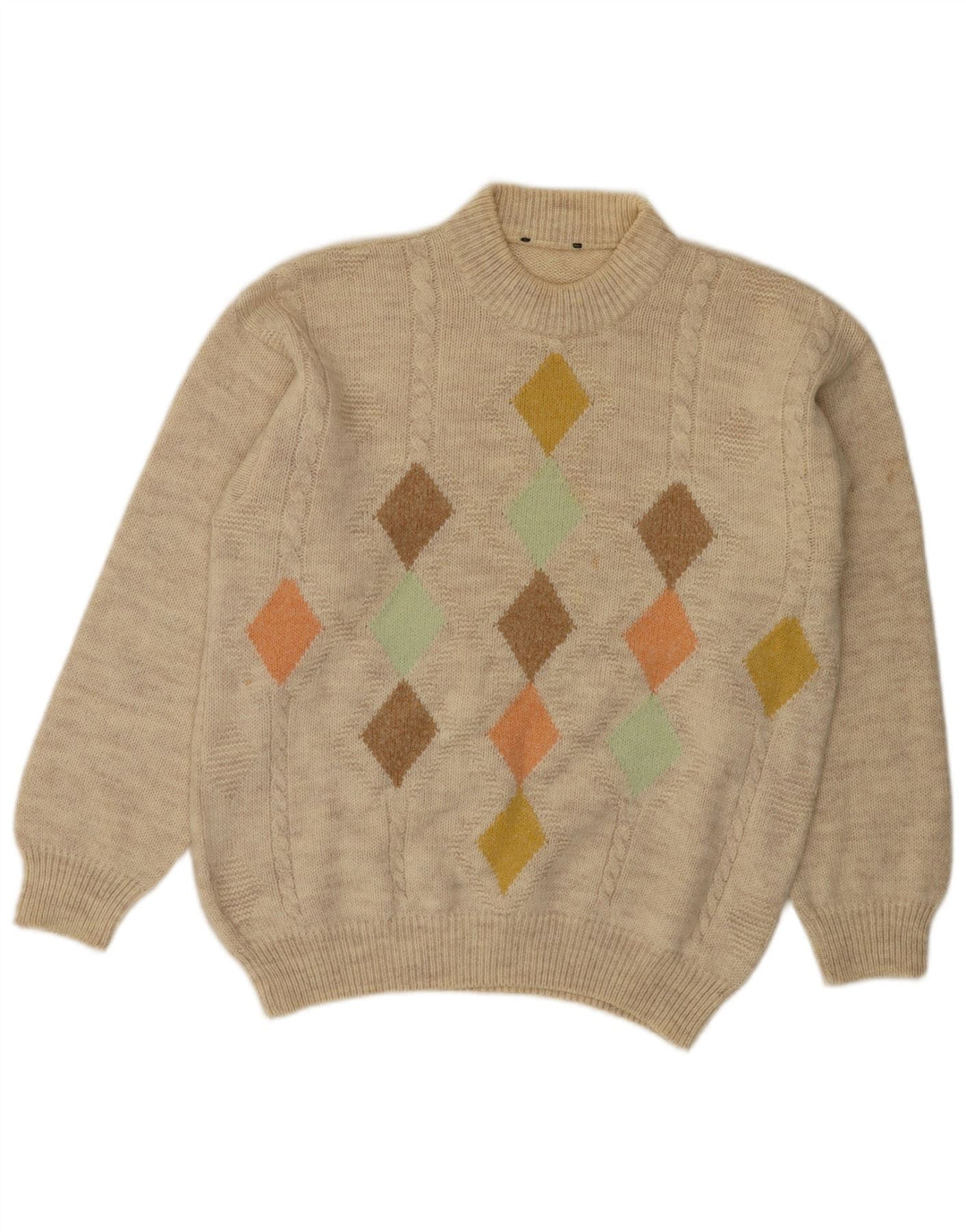 VINTAGE Jersey de cuello redondo para hombre Suéter medio beige Argyle/Diamante
