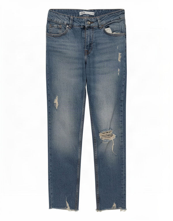 Zara Jeans Ajustados Cortos Desgastados para Mujer EU 38 Small W28 L25 Azul