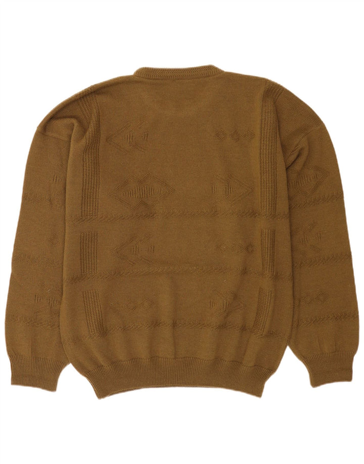 Vintage hombres cuello redondo jersey suéter XL lana caqui