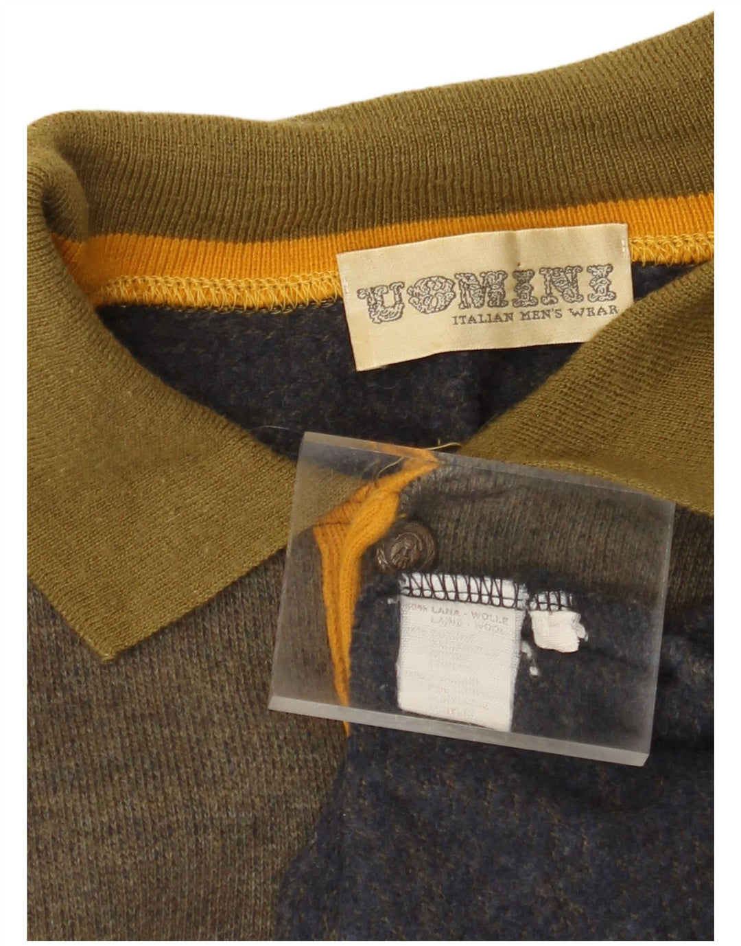 Vintage hombres polo cuello jersey suéter grande caqui rayas lana