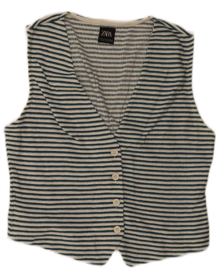 Zara Mujer Chaleco UK 40 Algodón Rayas Azul Medio