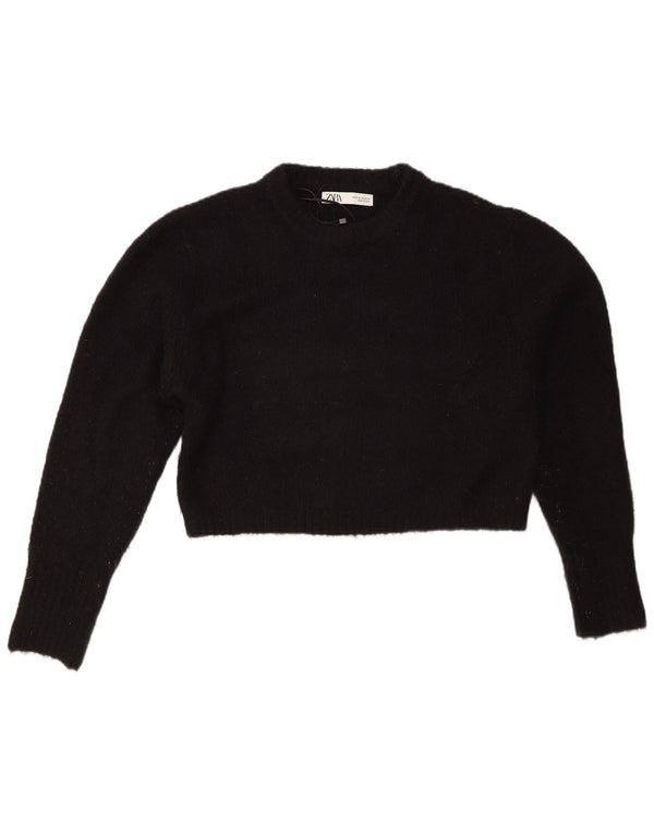 Zara Mujer Crop Crew Neck Jumper Sweater UK 40 Medium Negro Acrílico