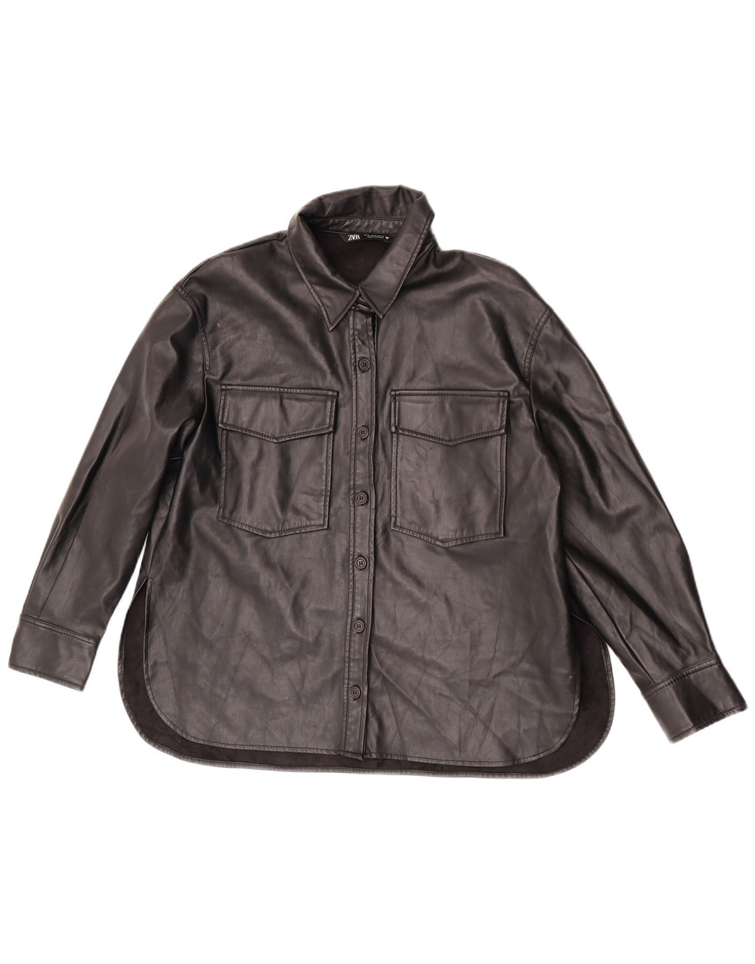 Zara Mujer Camisa De Piel Sintética UK 44 Mediano Negro Poliéster