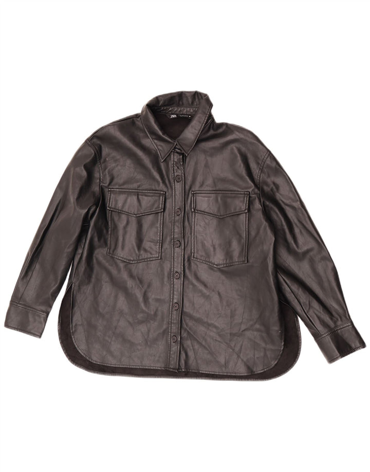 Zara Mujer Camisa De Piel Sintética UK 44 Mediano Negro Poliéster