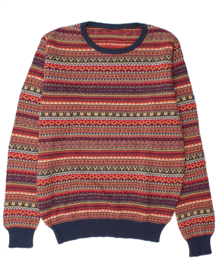 Vintage hombres cuello redondo jersey suéter medio multicolor Fair Isle