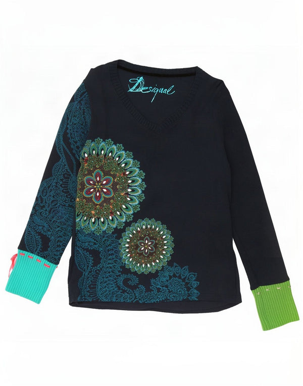 Desigual Mujer Gráfico Top Manga Larga UK 18 XL Azul Marino Floral Algodón