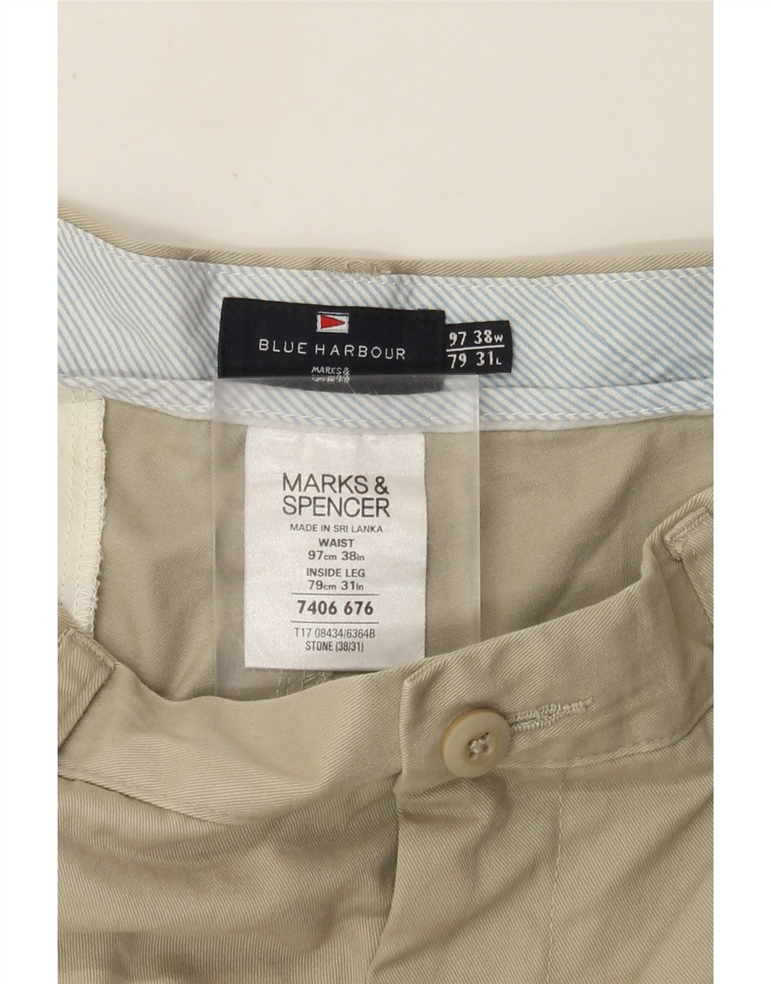 Marks & Spencer Pantalón chino recto azul Harbor para hombre W38 L31 Beige
