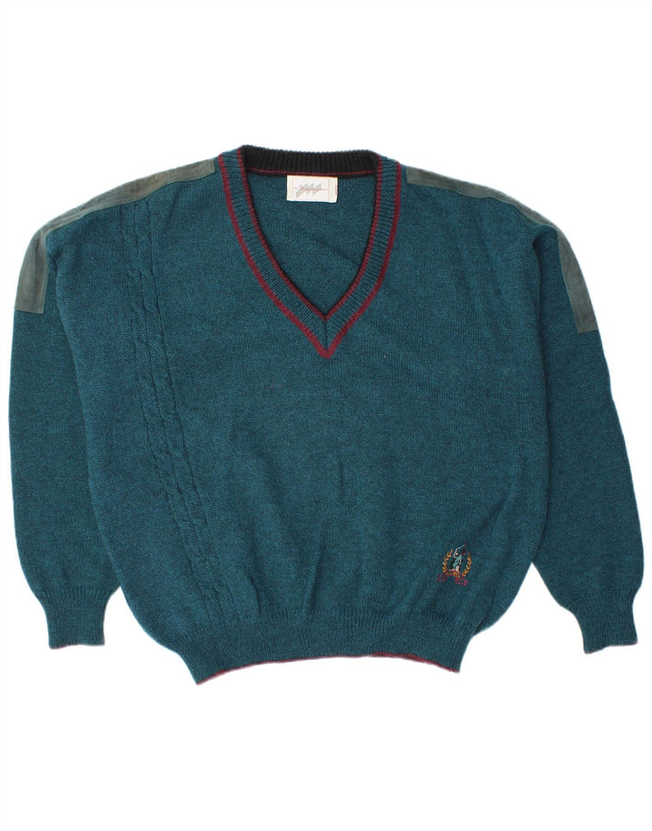 Vintage hombres V-cuello jumper suéter grande azul colorblock lana