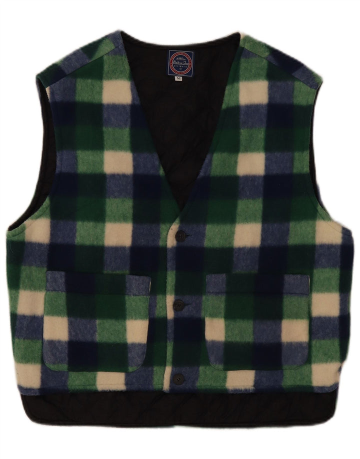 Vintage hombres polar Gilet Reino Unido 38 verde medio Gingham poliéster