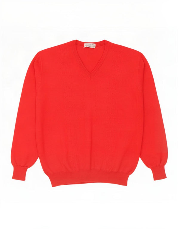 Vintage hombres V-cuello jumper suéter grande rojo lana virgen