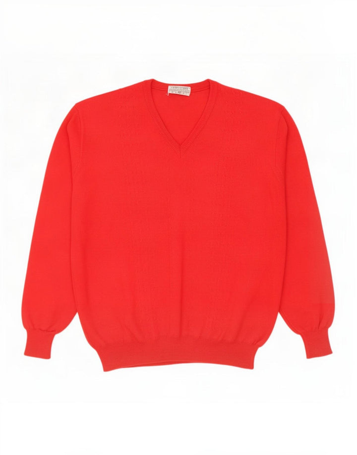 Vintage hombres V-cuello jumper suéter grande rojo lana virgen