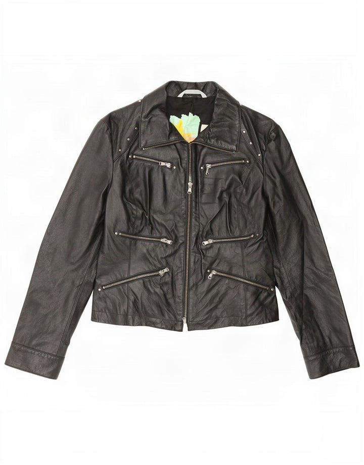 Chaqueta de cuero vintage para mujer IT 46 Grande Negro