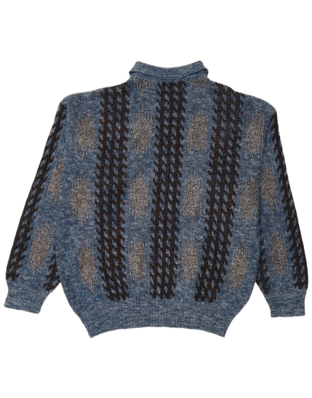 Vintage hombres polo cuello jersey suéter azul medio geométrico