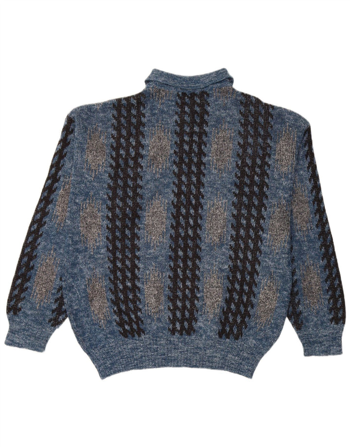 Vintage hombres polo cuello jersey suéter azul medio geométrico