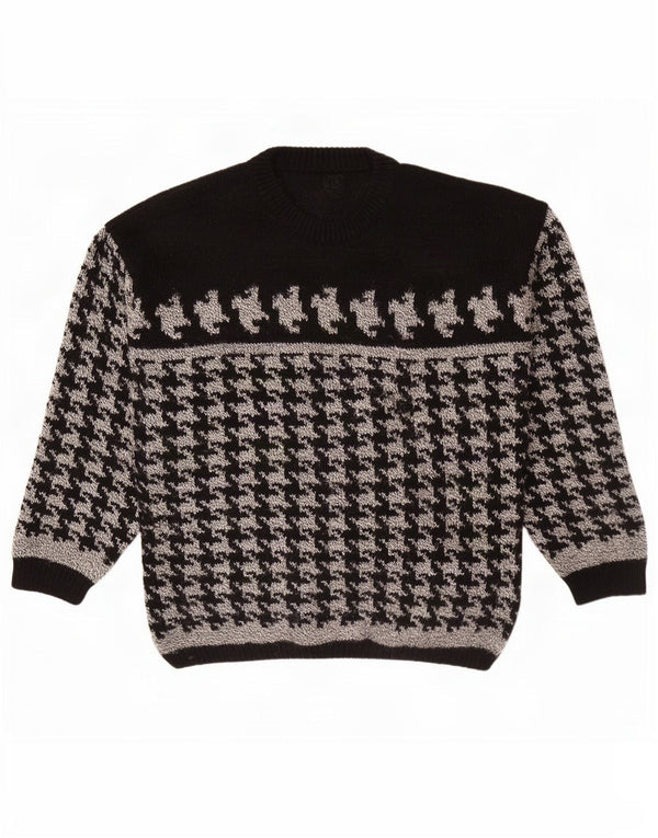 Vintage hombres cuello redondo jersey suéter medio negro pata de gallo