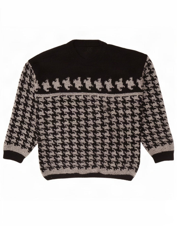 Vintage hombres cuello redondo jersey suéter medio negro pata de gallo