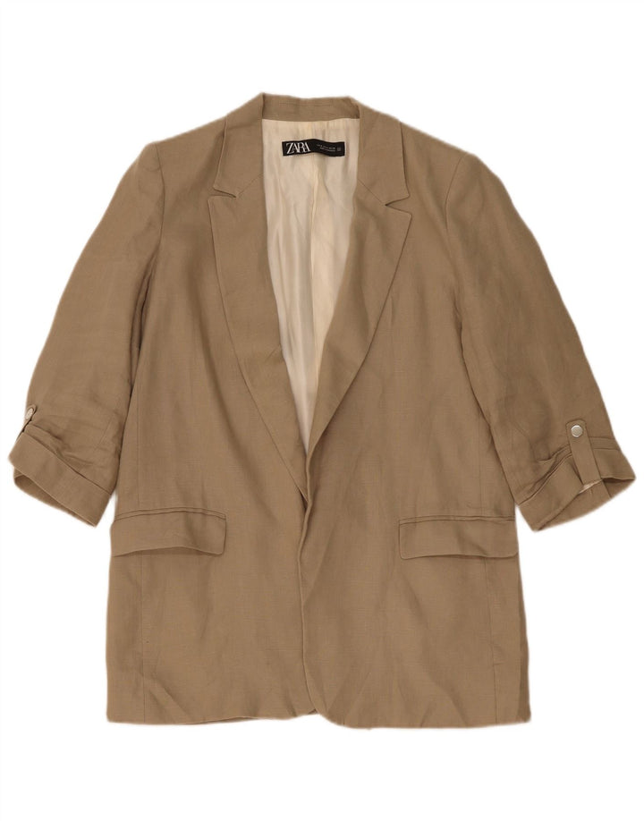Zara Mujer Chaqueta Americana Abierta Manga 3/4 Reino Unido 44 Lino Beige Mediano