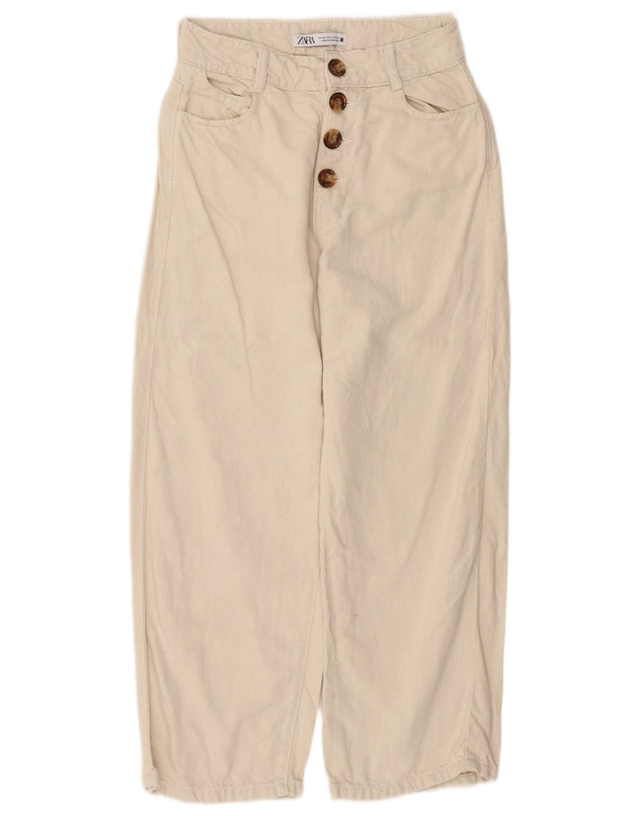 ZARA Mujer Pantalones Cropped De Talle Alto Y Corte Holgado EU 36 XS W26 L25 Beige