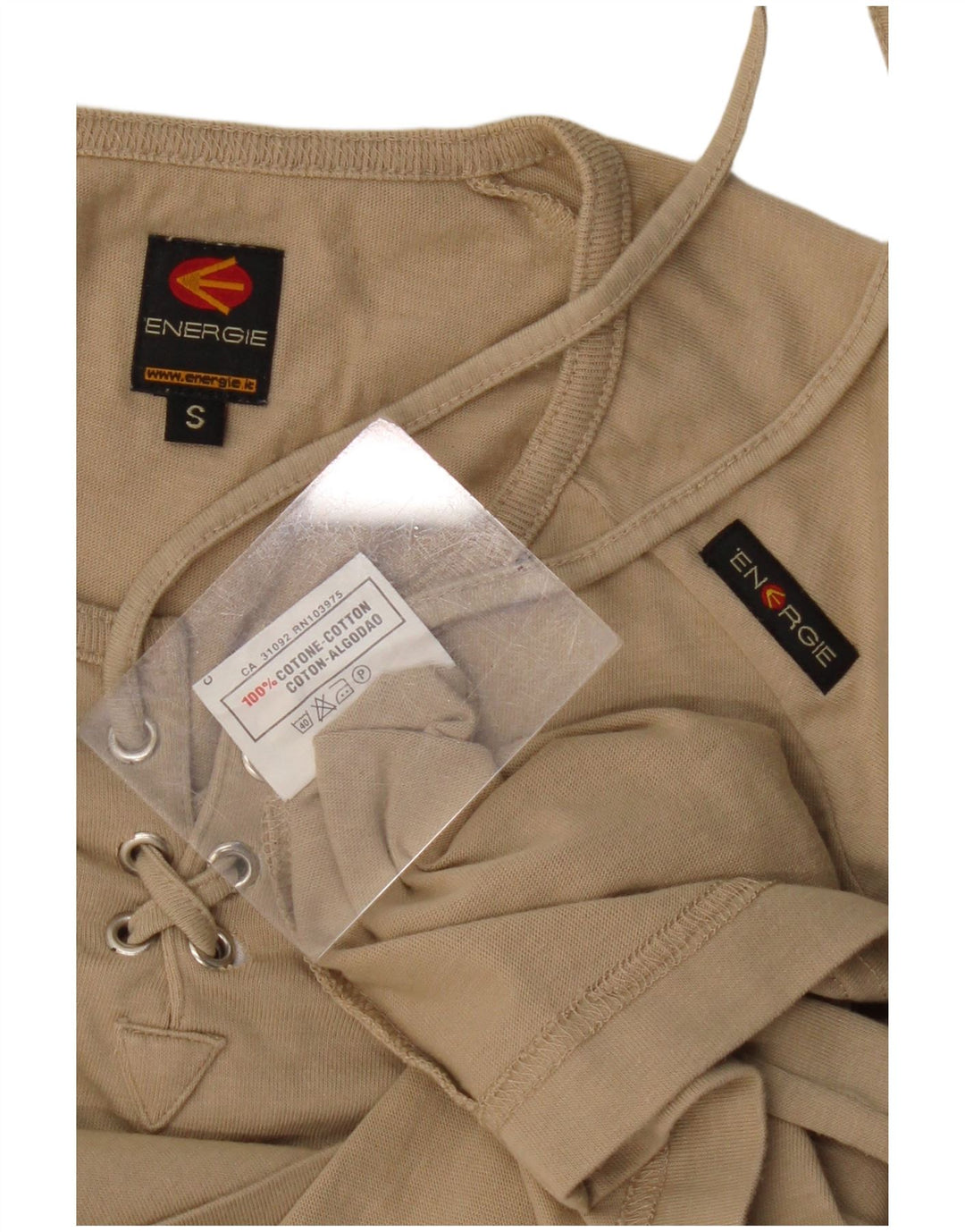 Energie Camiseta para mujer Top UK 10 Small Beige Cotton