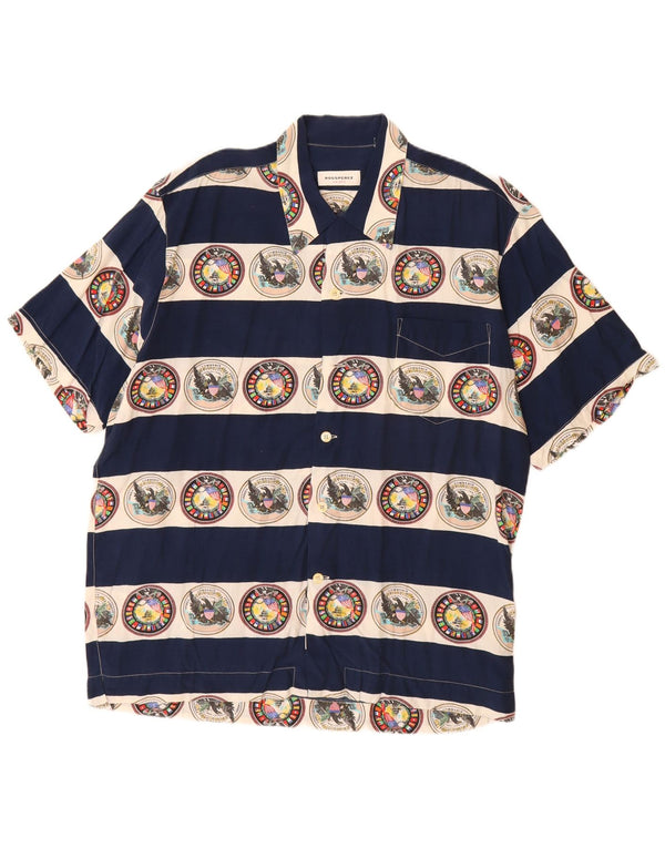 VINTAGE Camisa gráfica de manga corta para hombre Viscosa a rayas azul marino grande