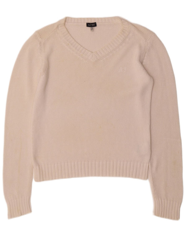 ARMANI JEANS Jersey con cuello en V para mujer UK 46 Grande Algodón blanco