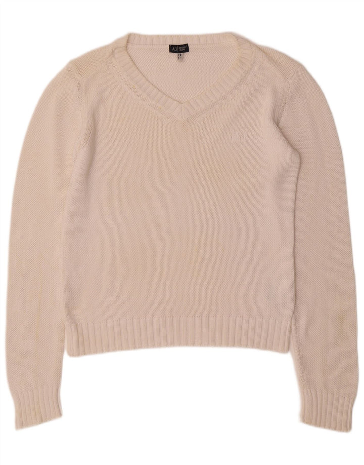 ARMANI JEANS Jersey con cuello en V para mujer UK 46 Grande Algodón blanco
