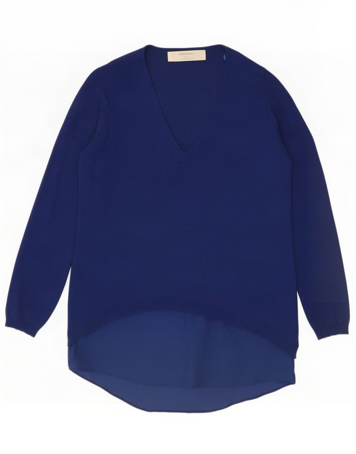 Zara Mujer Top Túnica De Manga Larga UK 44 Viscosa Azul Medio