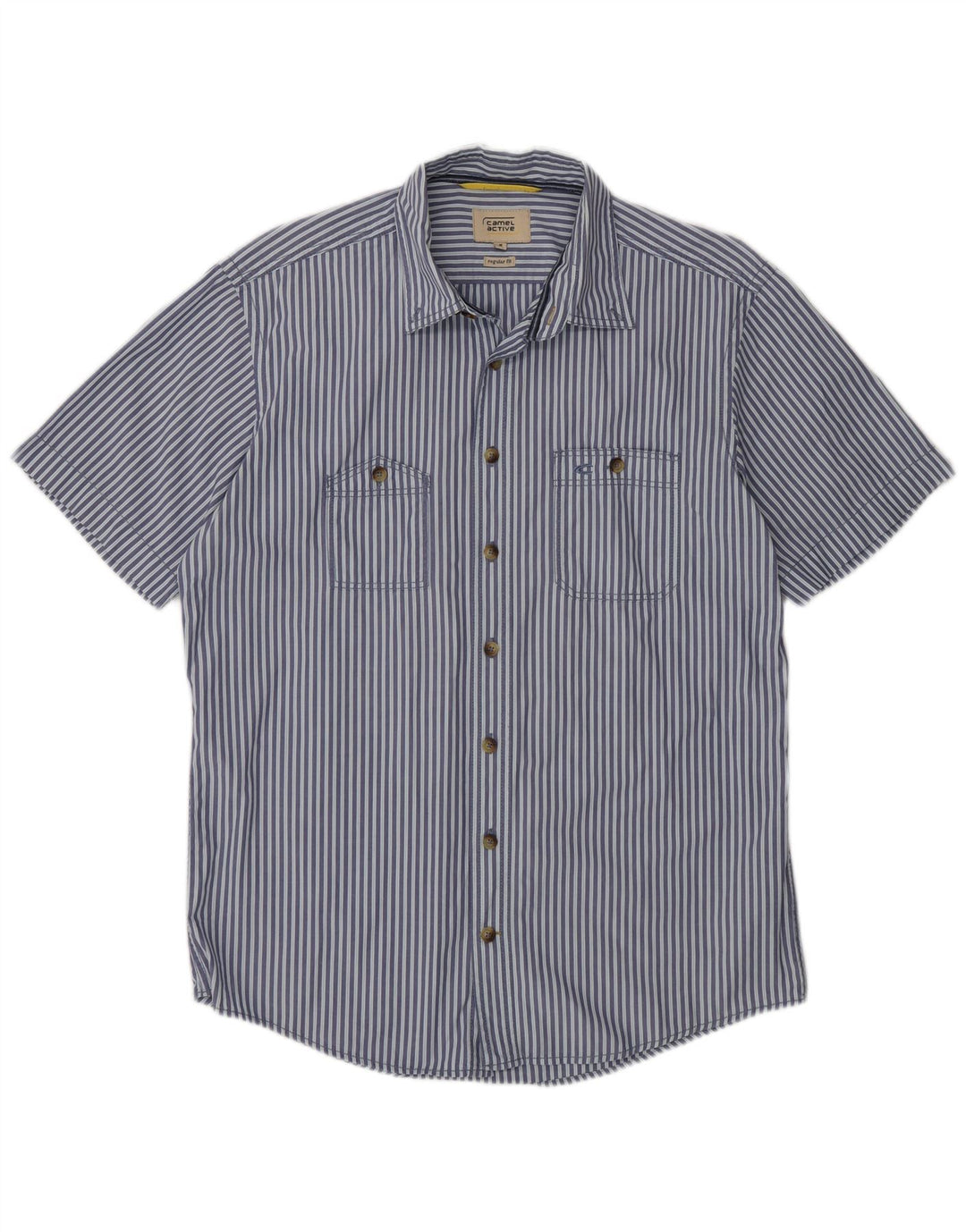 Camisa Camel Active de manga corta para hombre con corte regular y rayas diplomáticas en azul medio