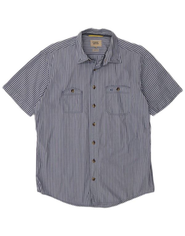 Camisa Camel Active de manga corta para hombre con corte regular y rayas diplomáticas en azul medio