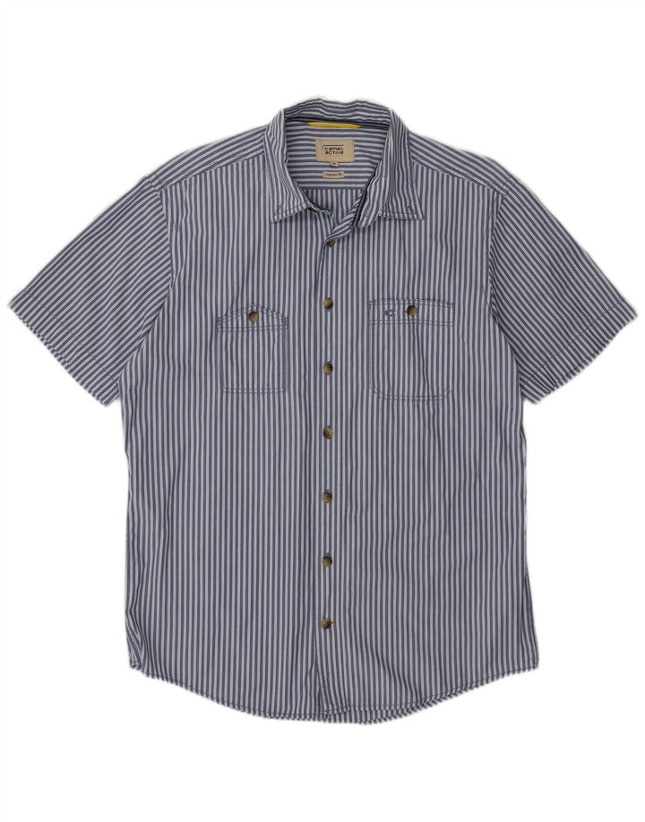 Camisa Camel Active de manga corta para hombre con corte regular y rayas diplomáticas en azul medio