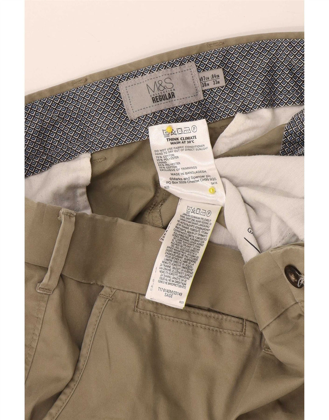 Marks & Spencer Pantalones chinos regulares para hombre W38 L33 Algodón beige