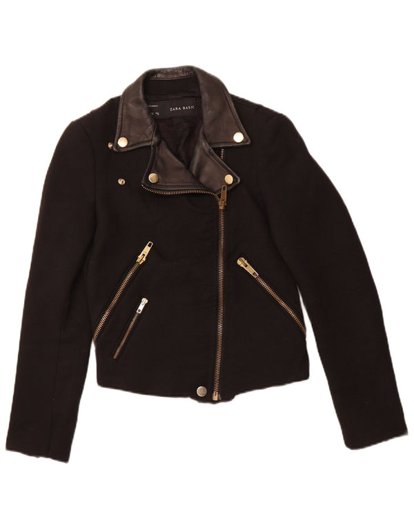 ZARA Womens Crop Biker Jacket UK 6 XS Black Polyester