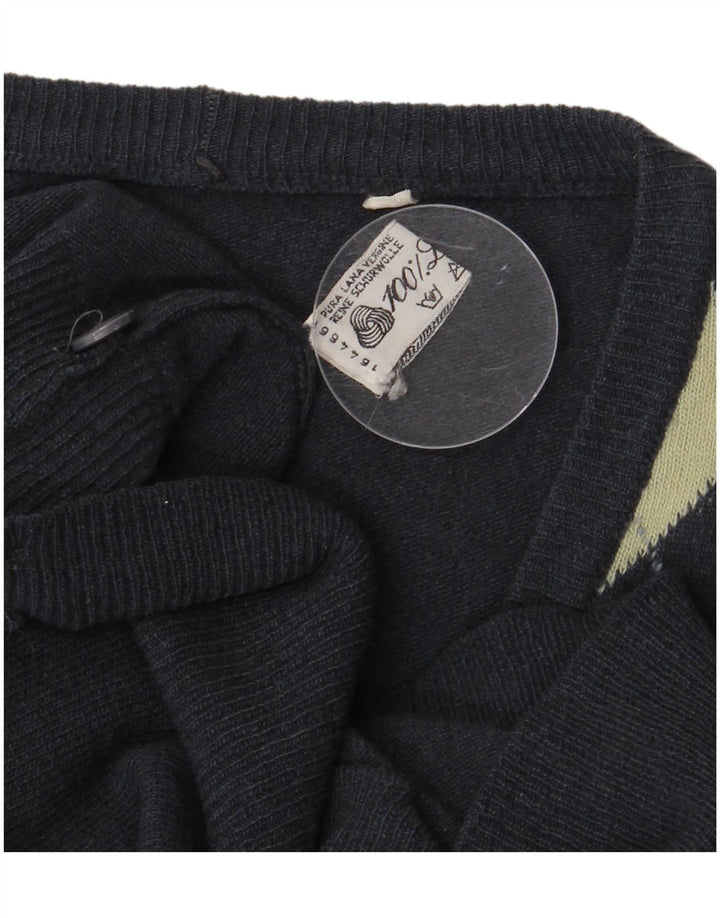 VINTAGE Hombres Cardigan Suéter Grande Azul Marino Argyle/Diamond Lambswool