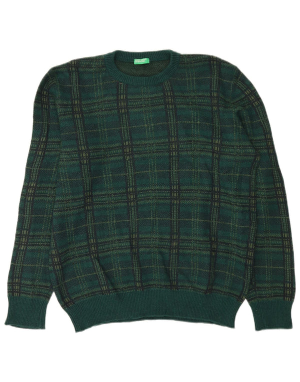 Benetton Jersey De Cuello Redondo Hombre XL Lana A Cuadros Verde