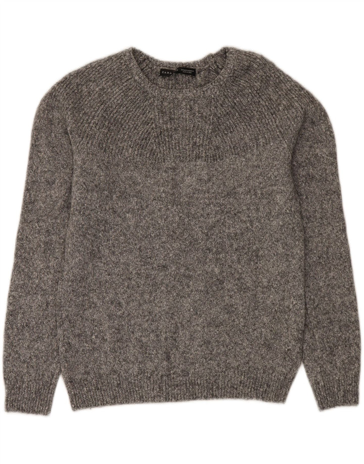 Zara Hombre Jersey Con Cuello Barco De Lana Moteada Gris Medio