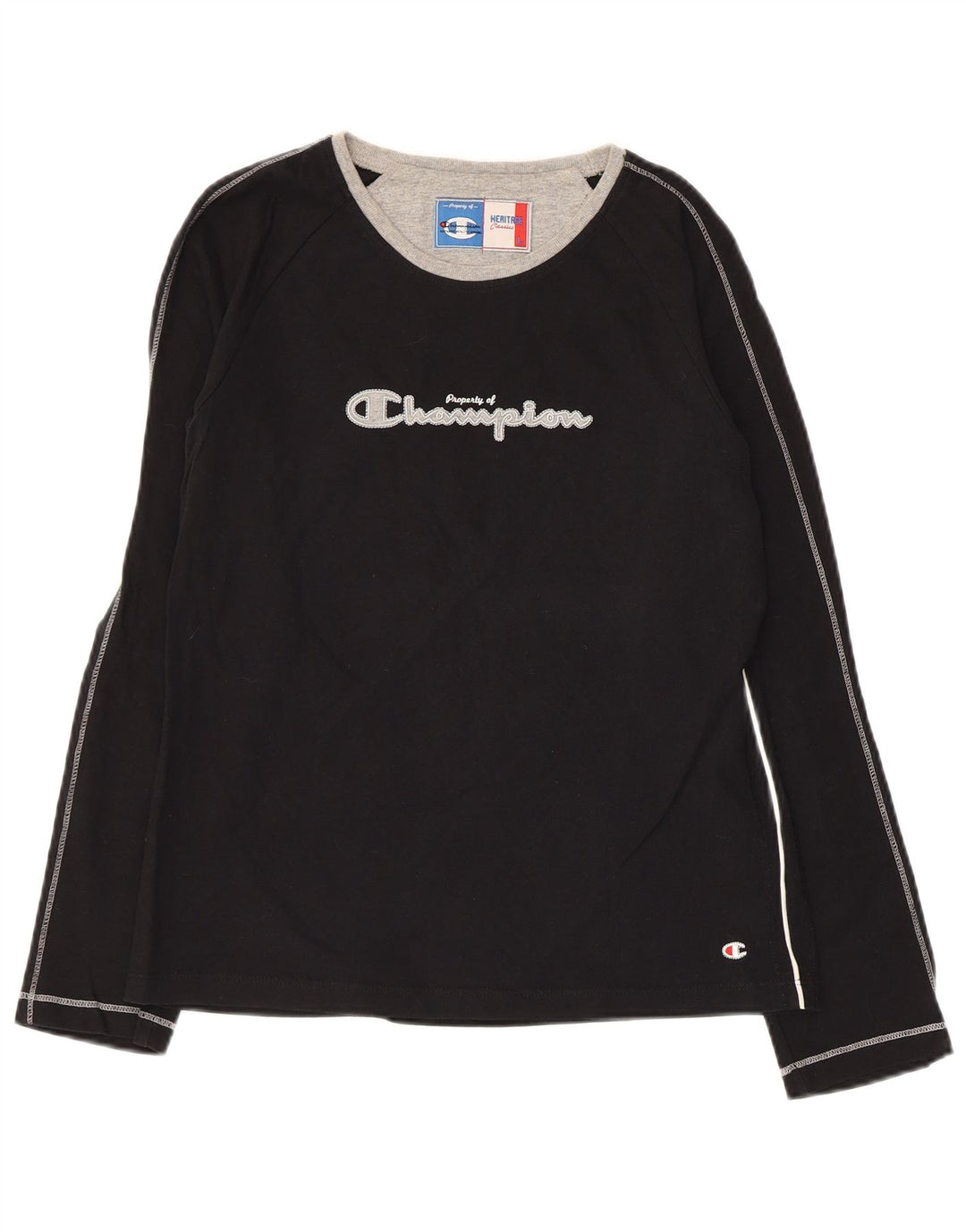 CHAMPION Top gráfico para mujer de manga larga UK 44 Grande Negro