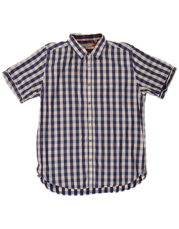 Ted Baker Camisa de manga corta para hombre Talla 5 XL Algodón a cuadros azul marino