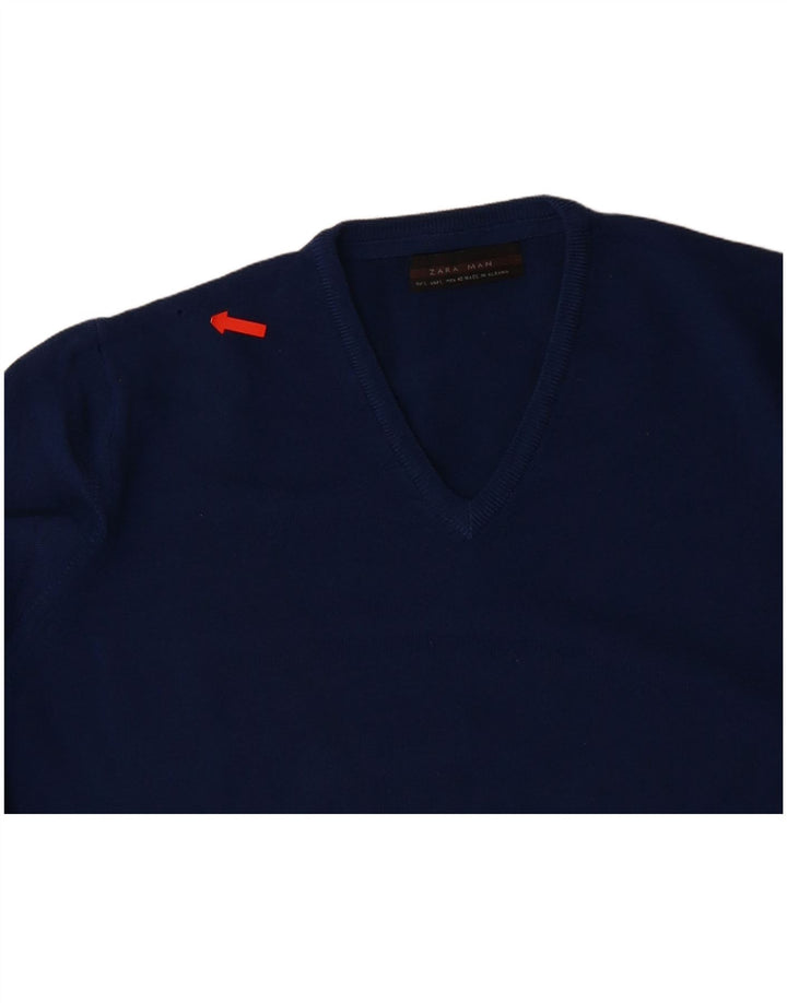 ZARA Mens V-Neck Jumper Sweater Large Navy Blue