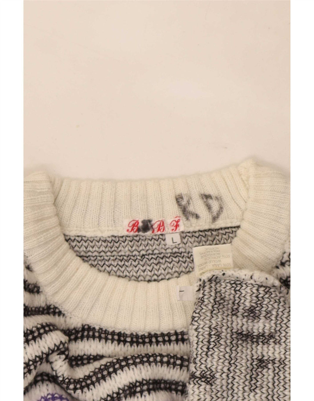 Vintage hombres cuello redondo jersey suéter grande blanco geométrico lana