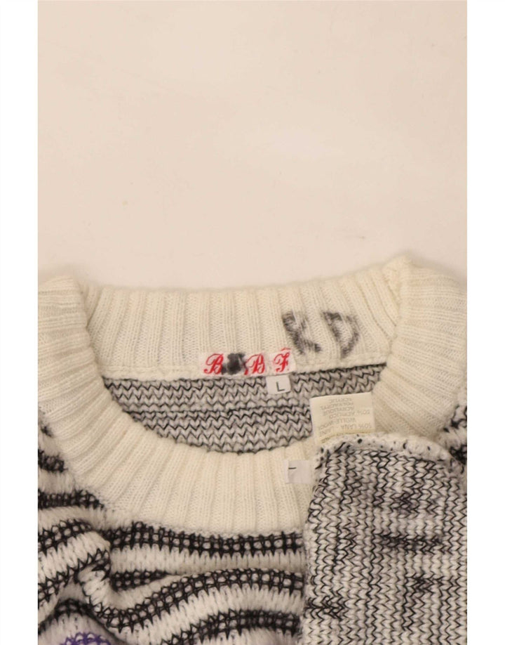 Vintage hombres cuello redondo jersey suéter grande blanco geométrico lana