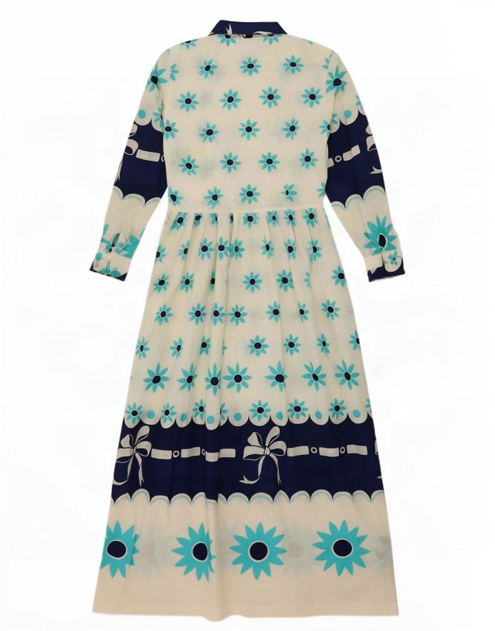 Vintage mujer Maxi Jersey camisa vestido Reino Unido 10 pequeño blanco floral