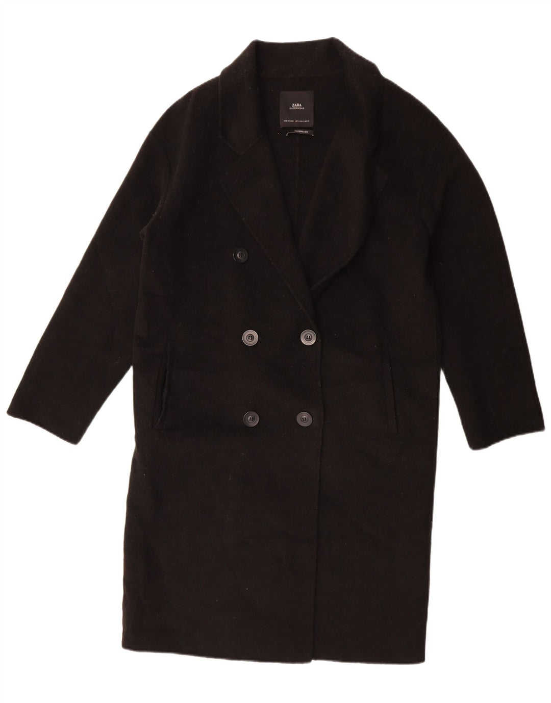 Zara Mujer Abrigo Extragrande De Doble Botonadura UK 10 Small Lana Negra
