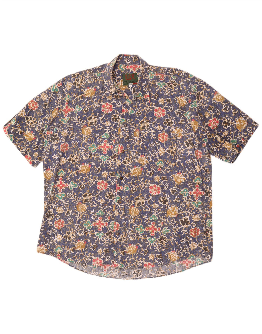 Vintage hombres camisa de manga corta grande azul floral
