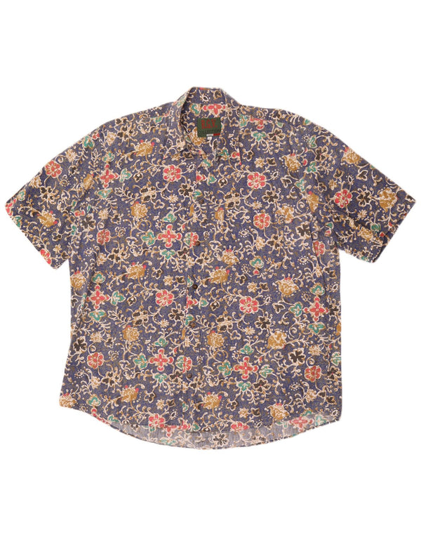 Vintage hombres camisa de manga corta grande azul floral